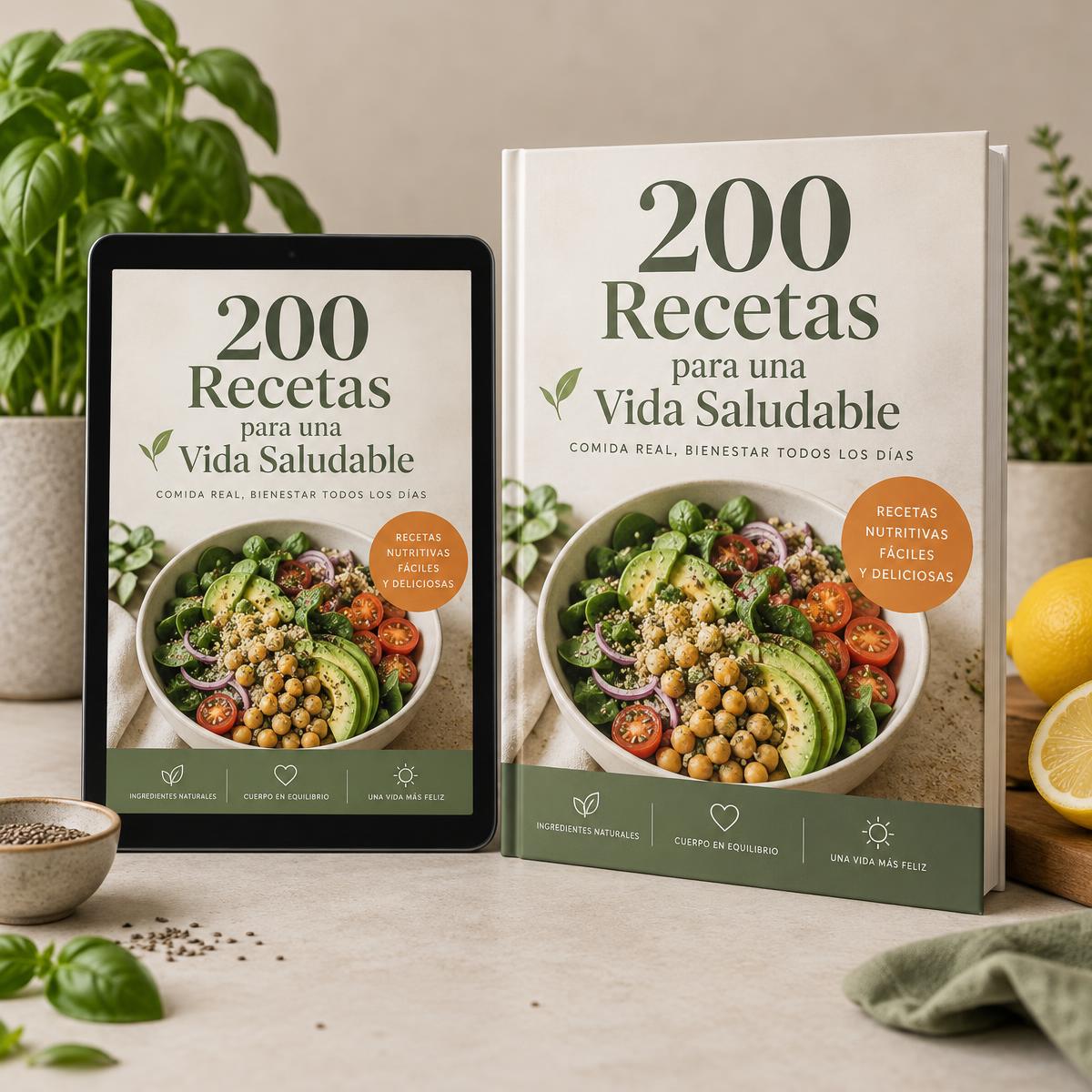 Mockup del ebook 200 Recetas para una Vida Saludable en tablet y libro
