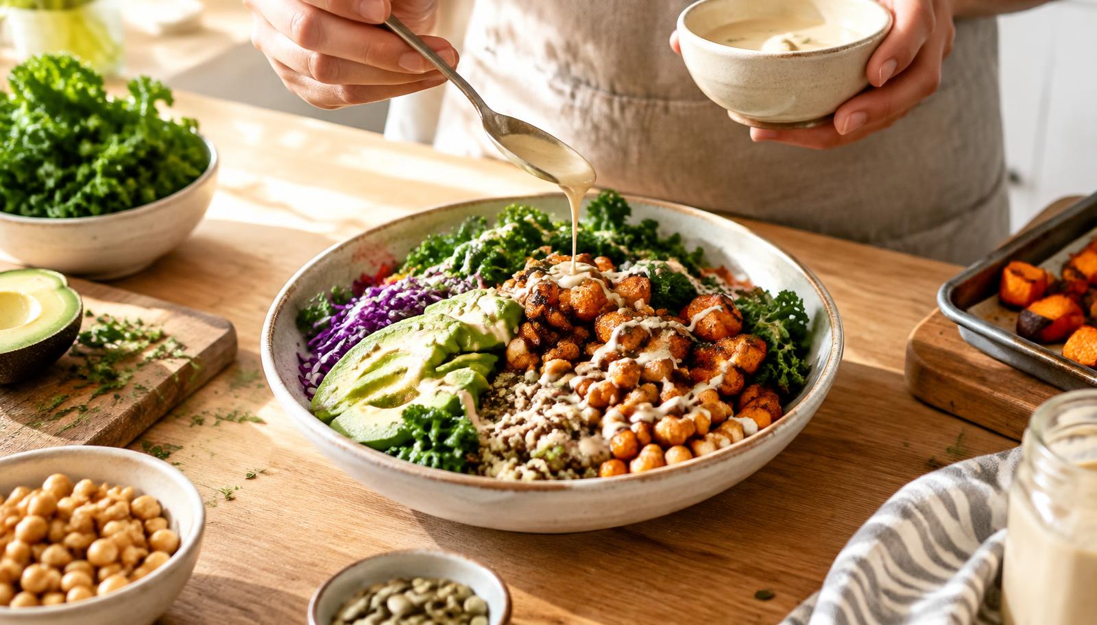 Persona sirviendo aderezo de tahini sobre un bowl con garbanzos, kale y camote