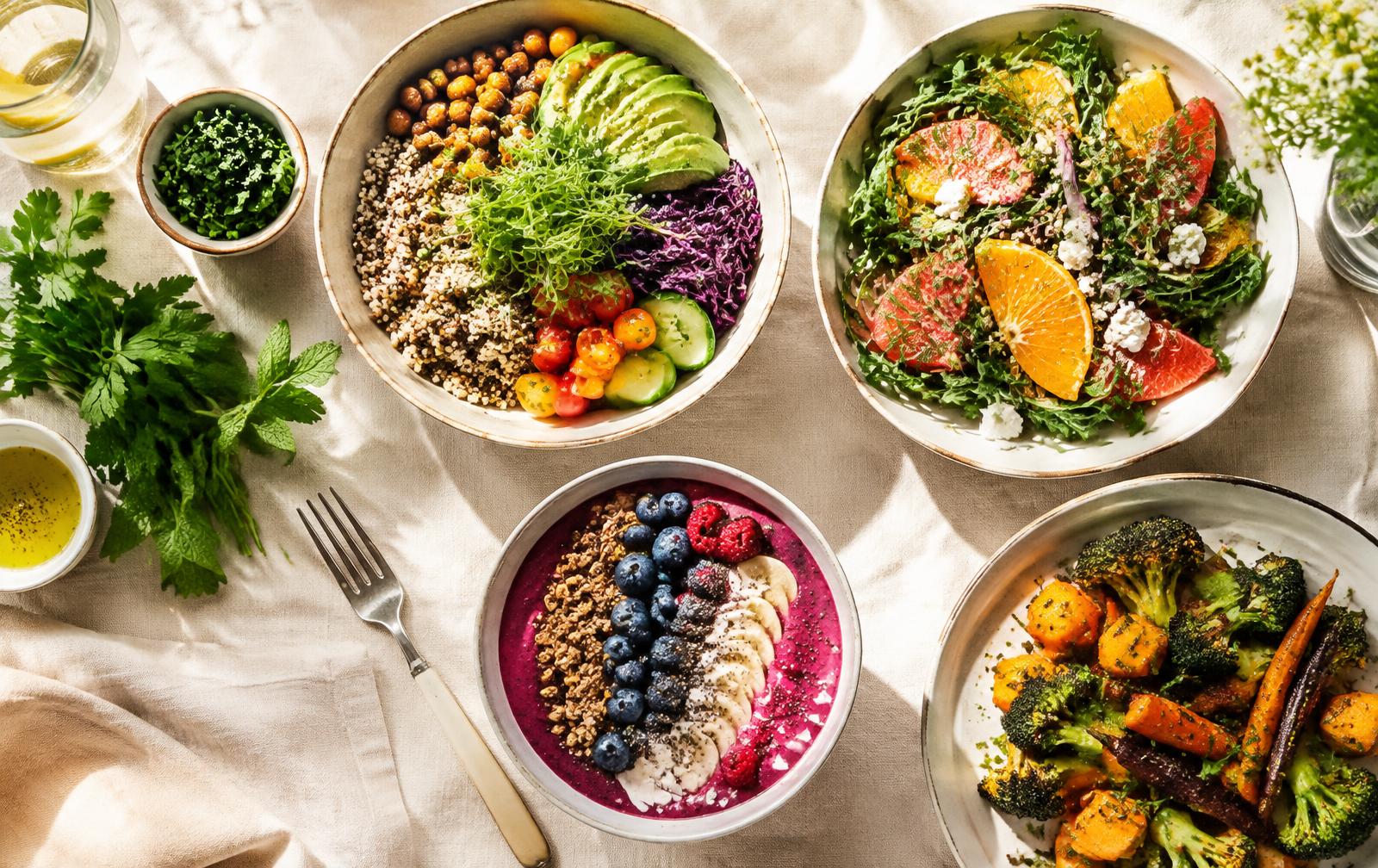 Mesa con bowls saludables de quinoa, ensalada cítrica, smoothie de frutos rojos y verduras asadas
