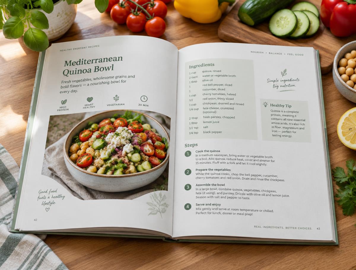 Páginas interiores del recetario con foto del plato, ingredientes y pasos
